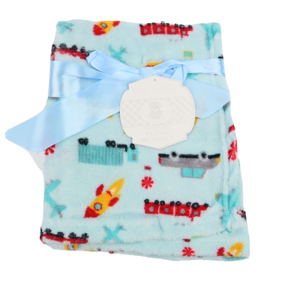 My Baby Plush Blanket Super Soft Blue with Trucks  Planes NWT - Picture 2 of 5